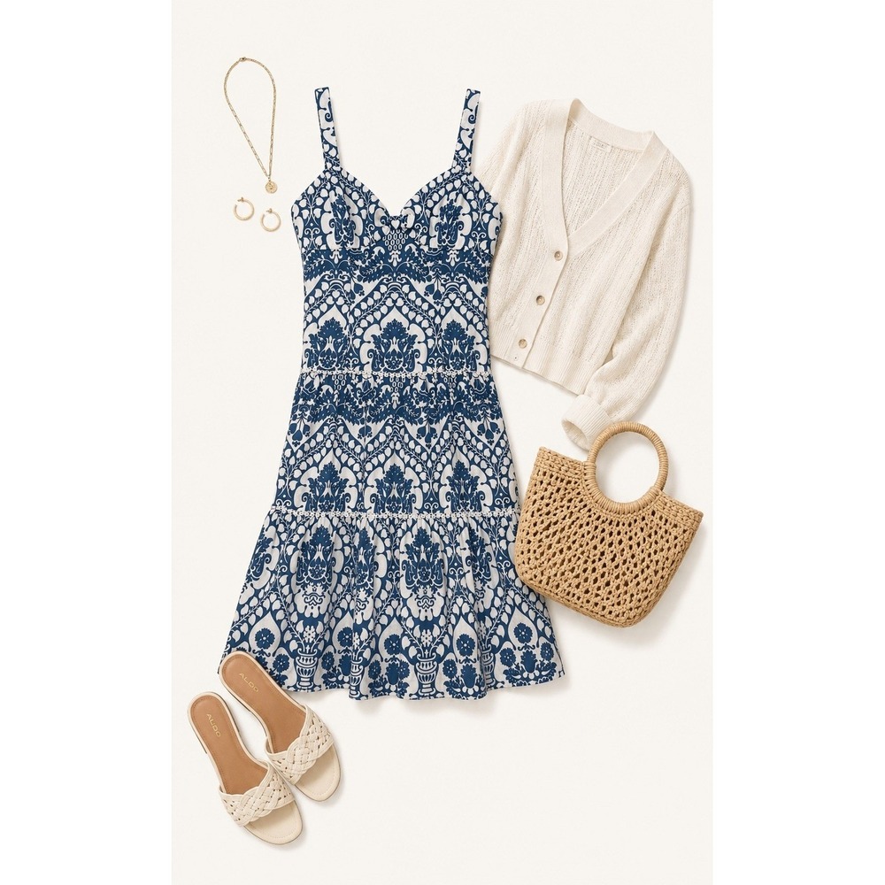 Milly of New York Light Blue and White Cotton Tiered Lace Trim Dress Size 4